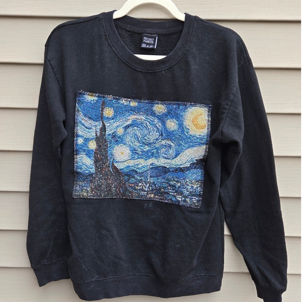 Freshly Painted Van Gogh Starry Night Tapestry Patch Sweatshirt Black Small